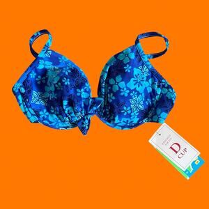 90's vintage blue tropical floral print bikini top LARGE d cup *deadstock*